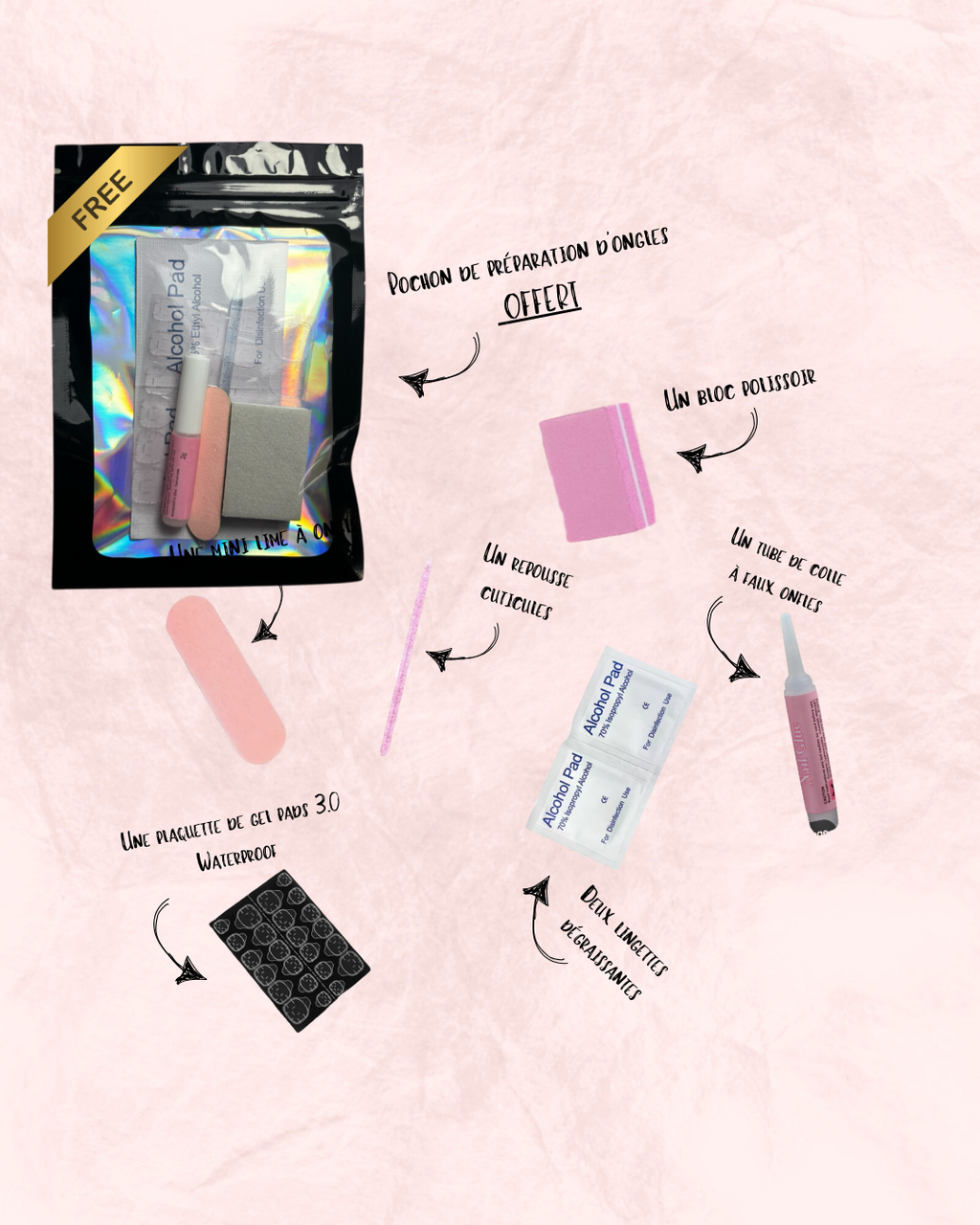 Pochon de préparation d'ongle complet offert colle bloc poissoir gel pads alcool pads lime et batonnet de bui 