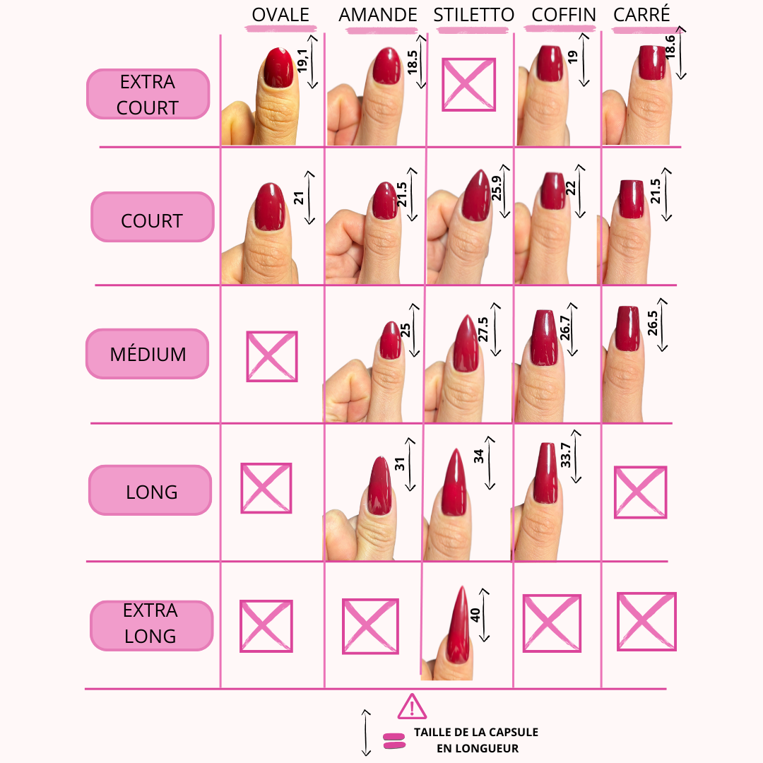 guide tailles forme longueurs mesures ^press on nails faits main réutilisables 
