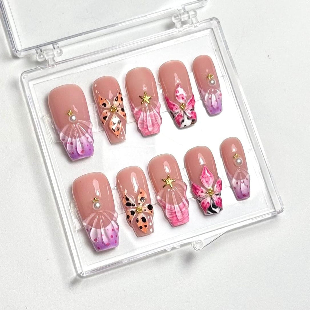 press on nails réutilisables fleurs 3D effet coquillakge mer été 