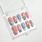 press on nails faits main réutilisables fleurs 3D été printemps plage rose bleu effet coquillage 