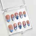 press on nails faux ongles réutilisables faits main french bleu blanche nail art fleurs bleu 3Det motifs bleu 