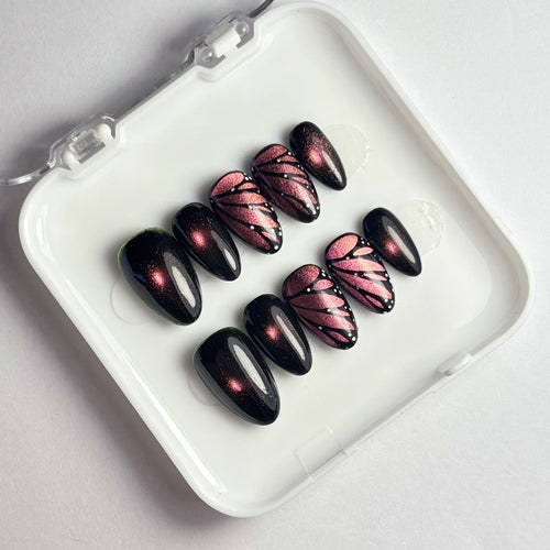 press on nails faits main réutilisables féérique papillon effet magique violet noir rose 