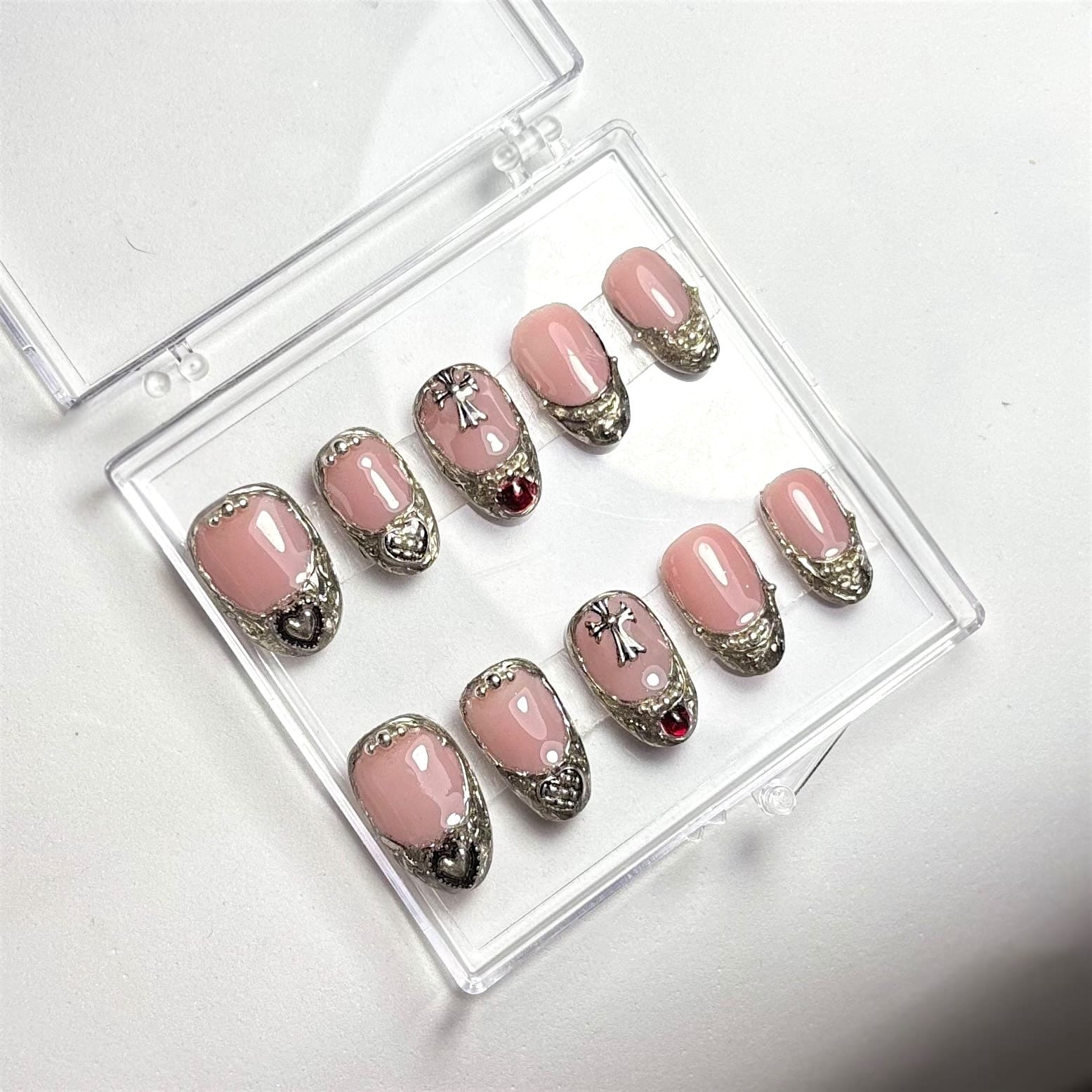 press on nails y2k réutlisables faits main chromé argenté bijoux argenté