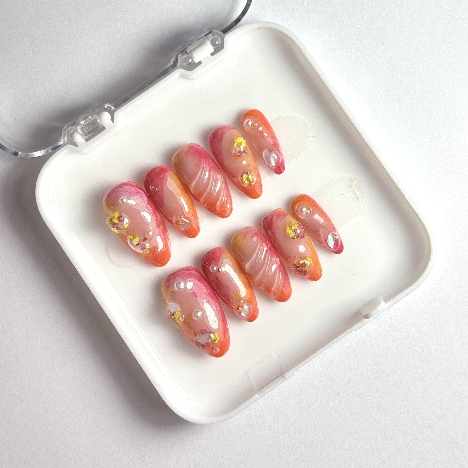 Press on nails faits main réutilisables 3D rose orange jaune violet fleurs séchets plage 