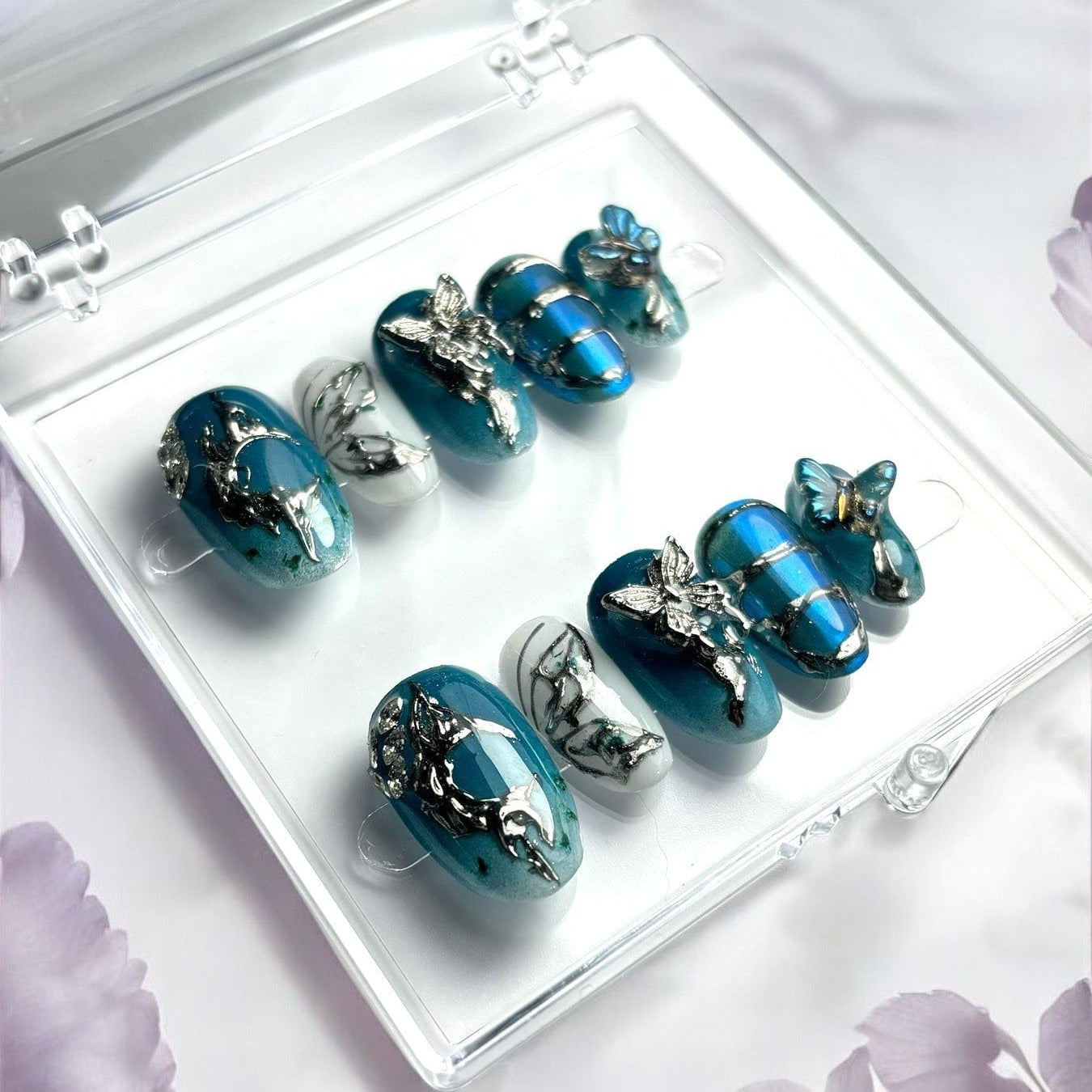 press on nails féérique chrome argenté y2k bleu nuit fleurs séchée 