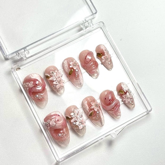 press on nails faits main réutilisables style coréen fleurs japonaise style fleurs de cerisier 3D serpent 3D