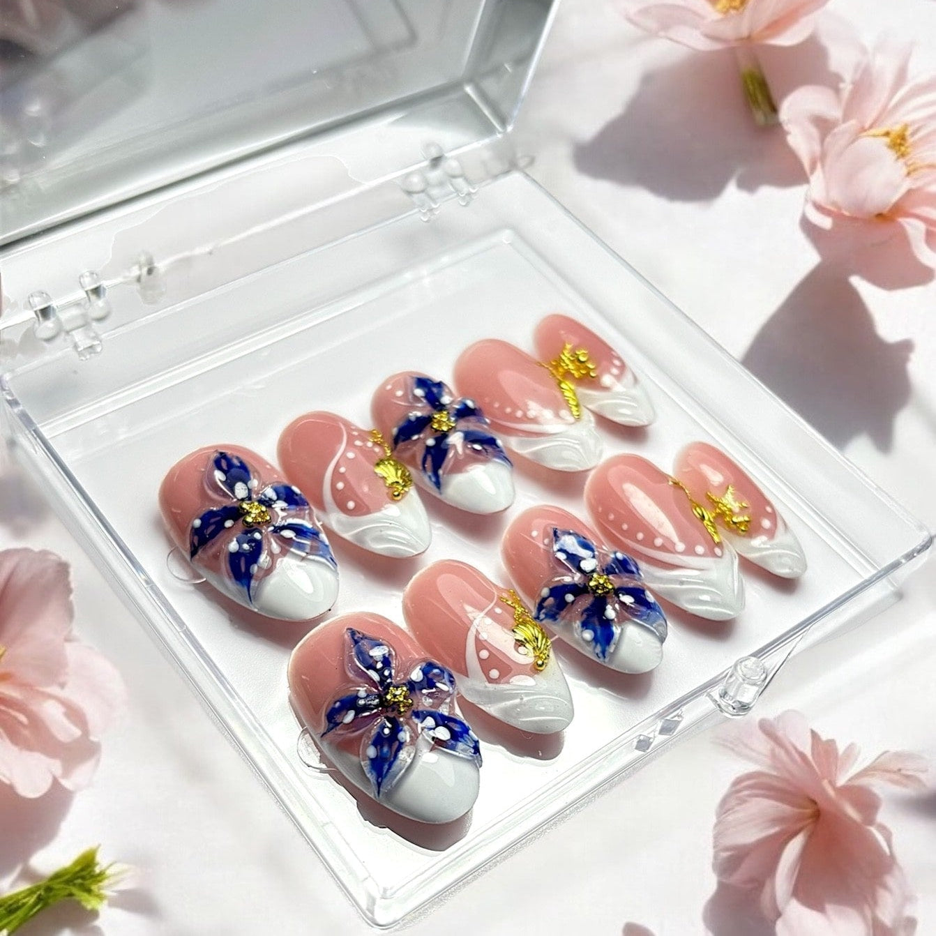 Press on nails faits main réutilisables  french manucure coquillage fleurs 3D