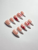 press on nails faits main réutilisables french fleurs rouge intense perle dorée