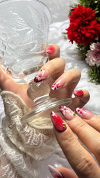 press on nails rouge fleurs 3D t french blanc perle doré