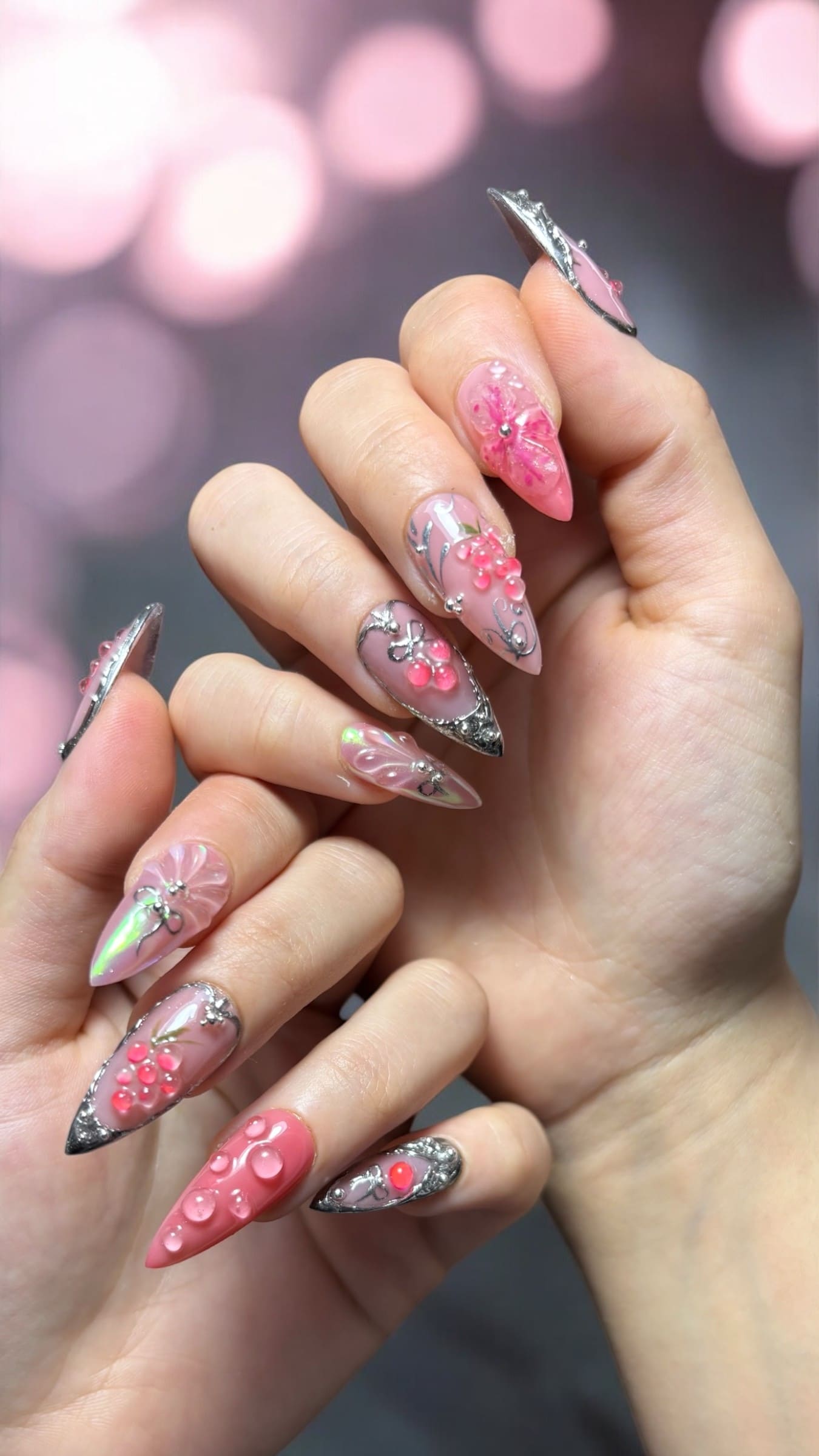 press on nails fruité coloré réutilisables faux ongles faits main rose argenté chrome y2K