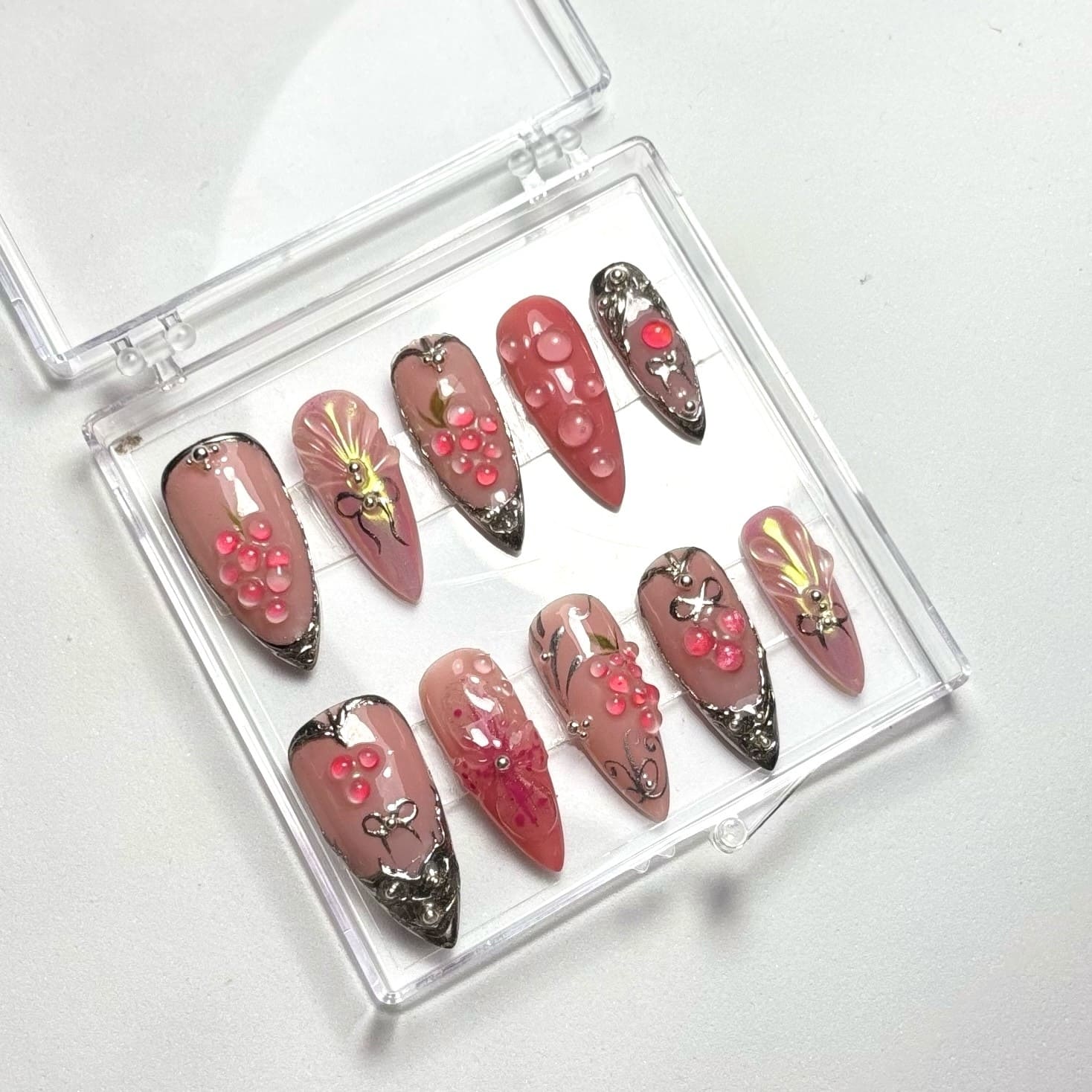 press on nails fruité coloré réutilisables faux ongles faits main rose argenté chrome y2K