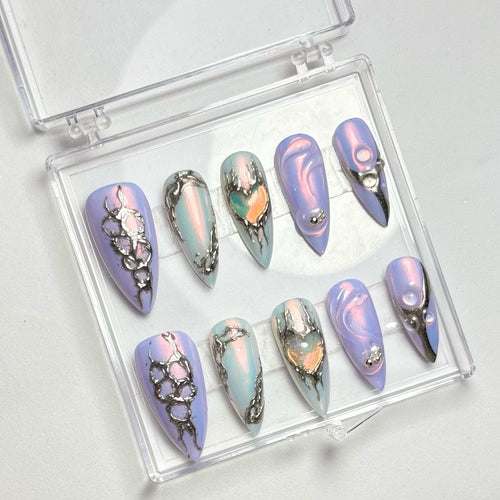 press on nails réutilisables faits main style y2k chrome argenté et violet 